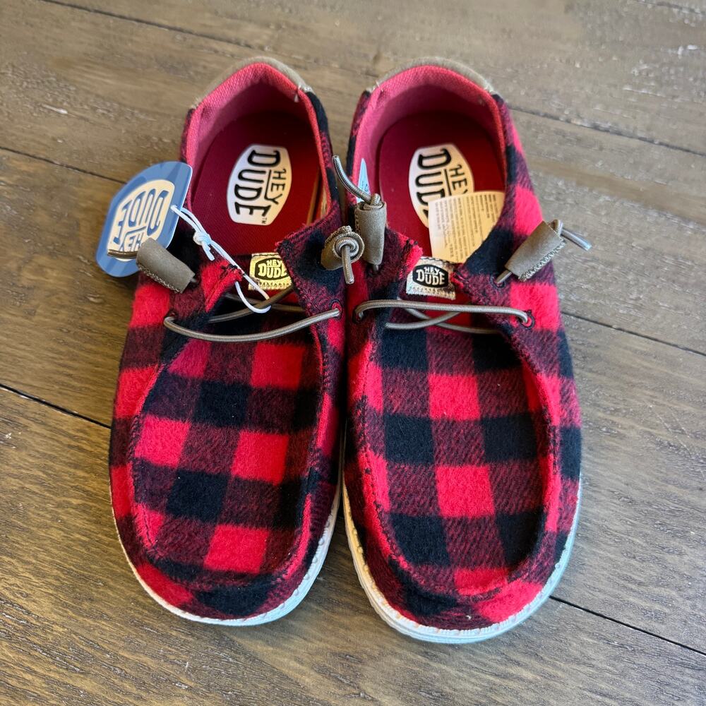 Hey Dude Wendy Buffalo Plaid NWT Red Black Check Women's 7 EU 38 Loafers - Picture 10 of 10
